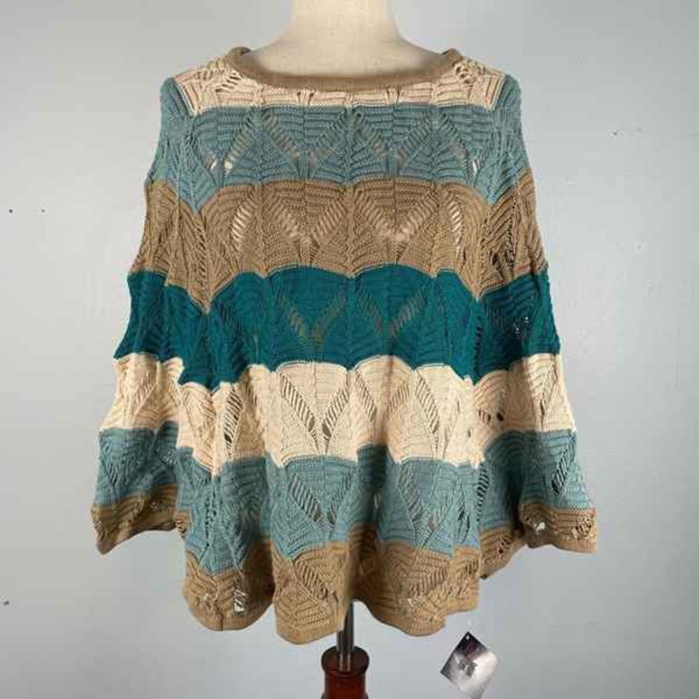 Multicolor Open-Knit Striped Women’s Sweater - Teal, Cream, Tan